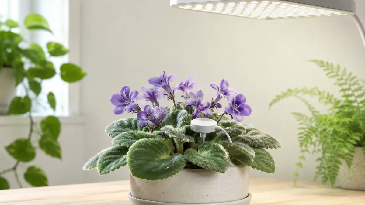 African Violet houseplant in an indoor light-measurement setting with PPFD meter and grow-light context