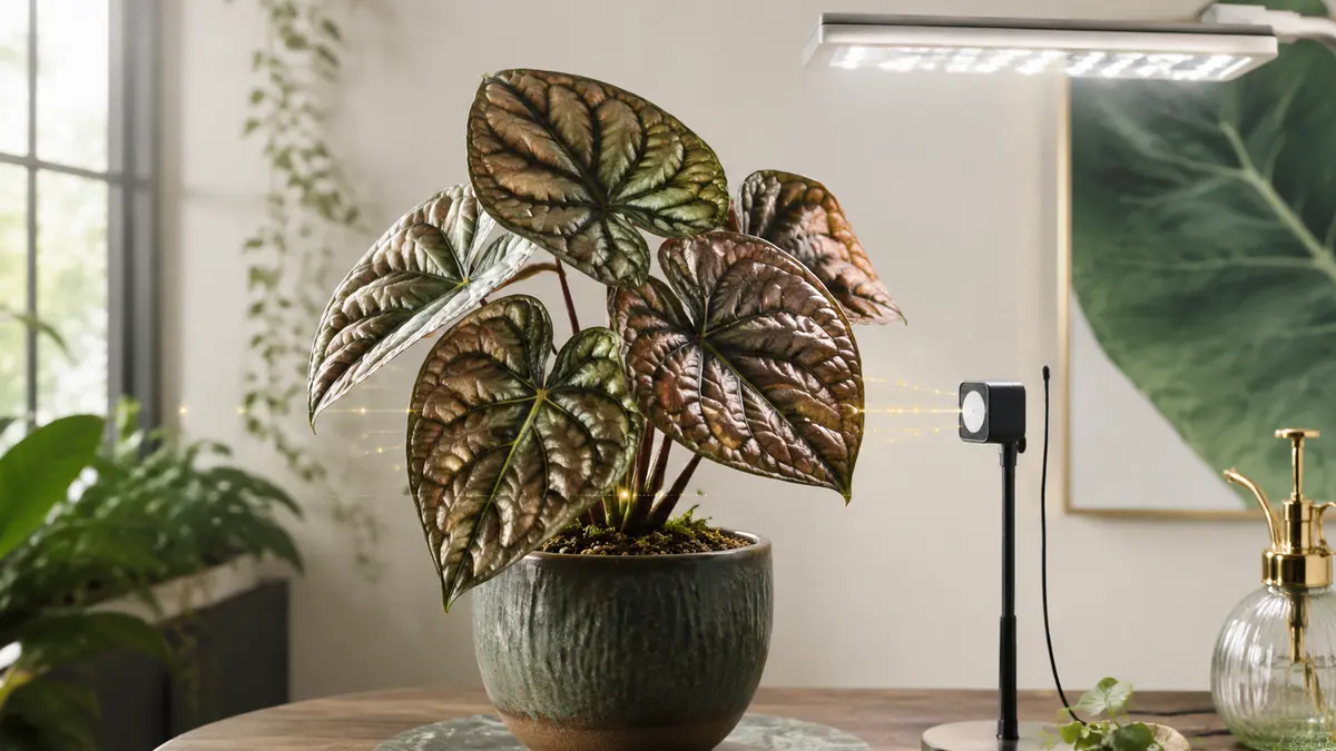Alocasia Cuprea houseplant in an indoor light-measurement setting with PPFD meter and grow-light context