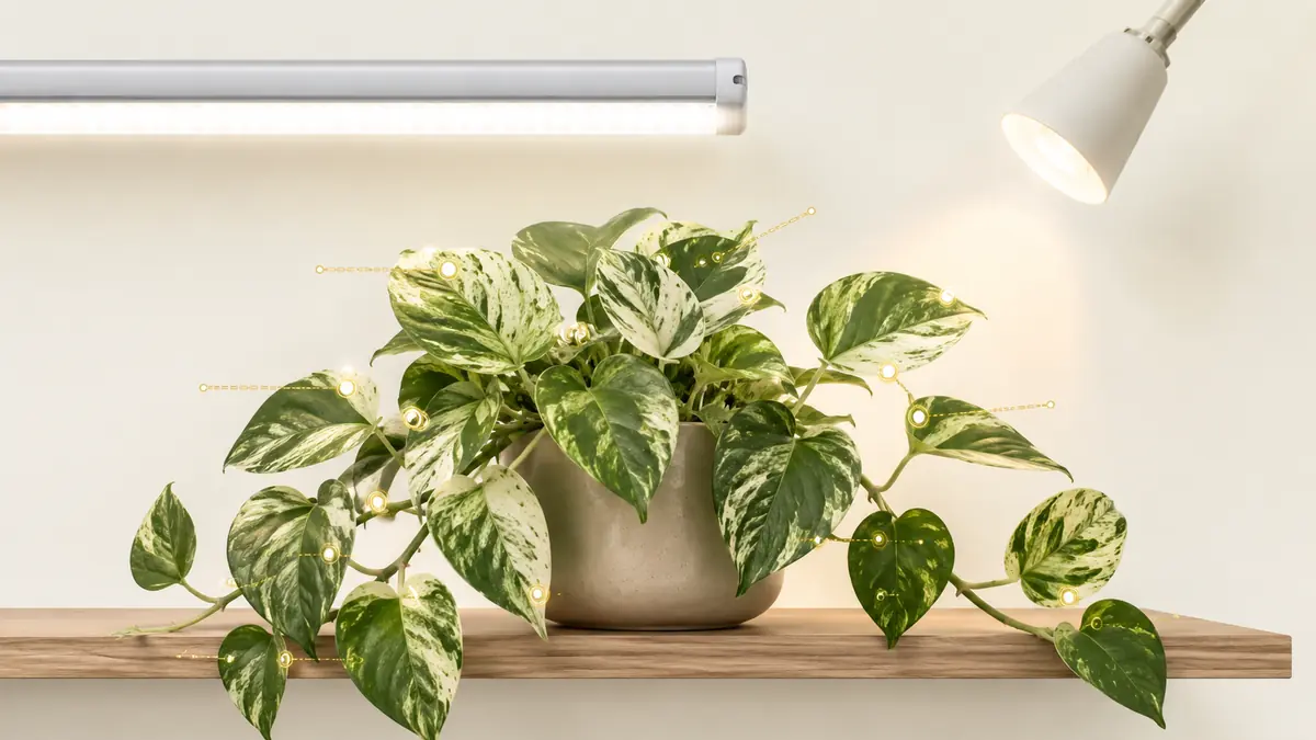 Marble Queen Pothos with white-green variegation under a full-spectrum LED bar and bulb with PPFD measurement overlay
