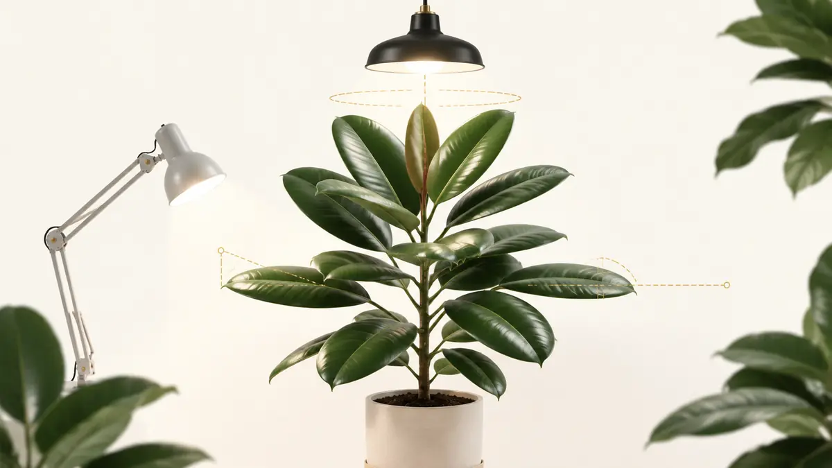 Rubber Plant with broad glossy leaves under a full-spectrum LED grow light and PPFD meter at canopy level