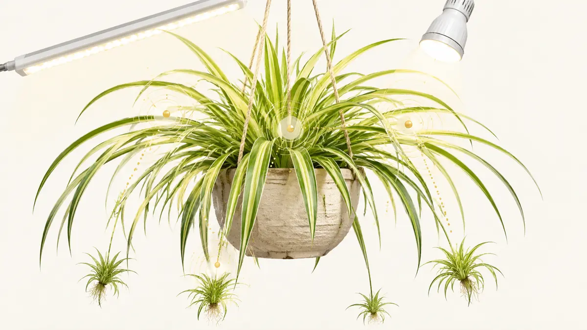 Spider Plant in a hanging pot under a white LED grow light with PPFD readings across arching leaves and plantlets