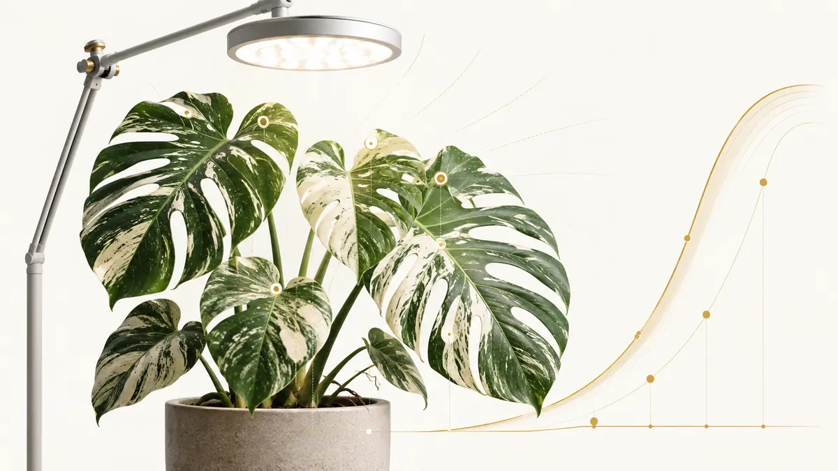 Variegated Thai Constellation Monstera under a full-spectrum grow light with PPFD sensor positioned at leaf height