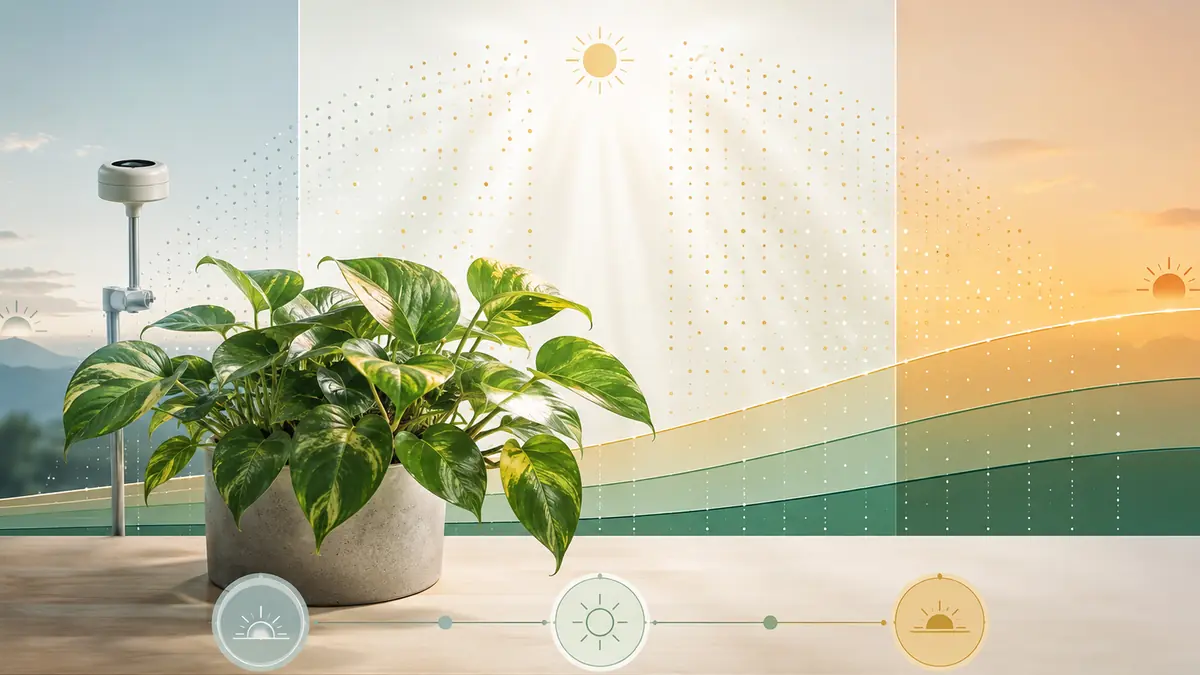 Houseplant daily light integral diagram showing PPFD intensity accumulated across hours of the day