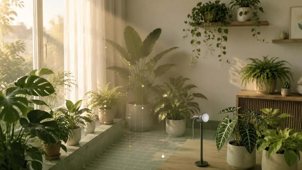 Houseplants arranged near an east-facing window showing distance, filtered light and PPFD measurement