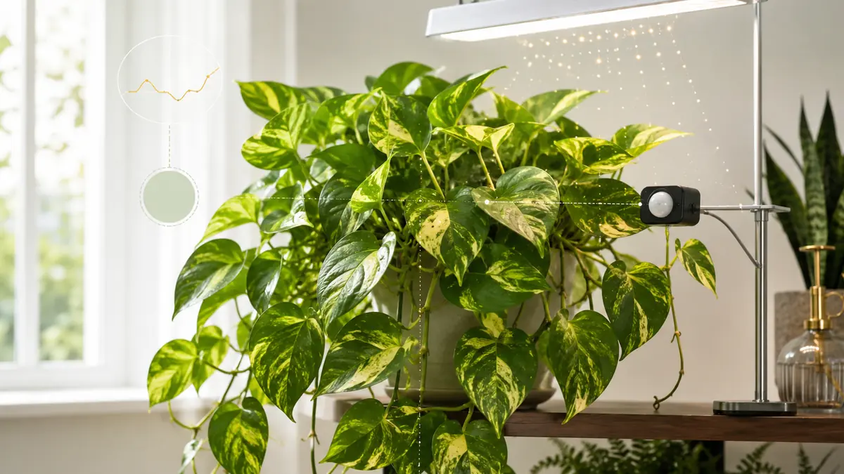 Golden Pothos houseplant in an indoor light-measurement setting with PPFD meter and grow-light context