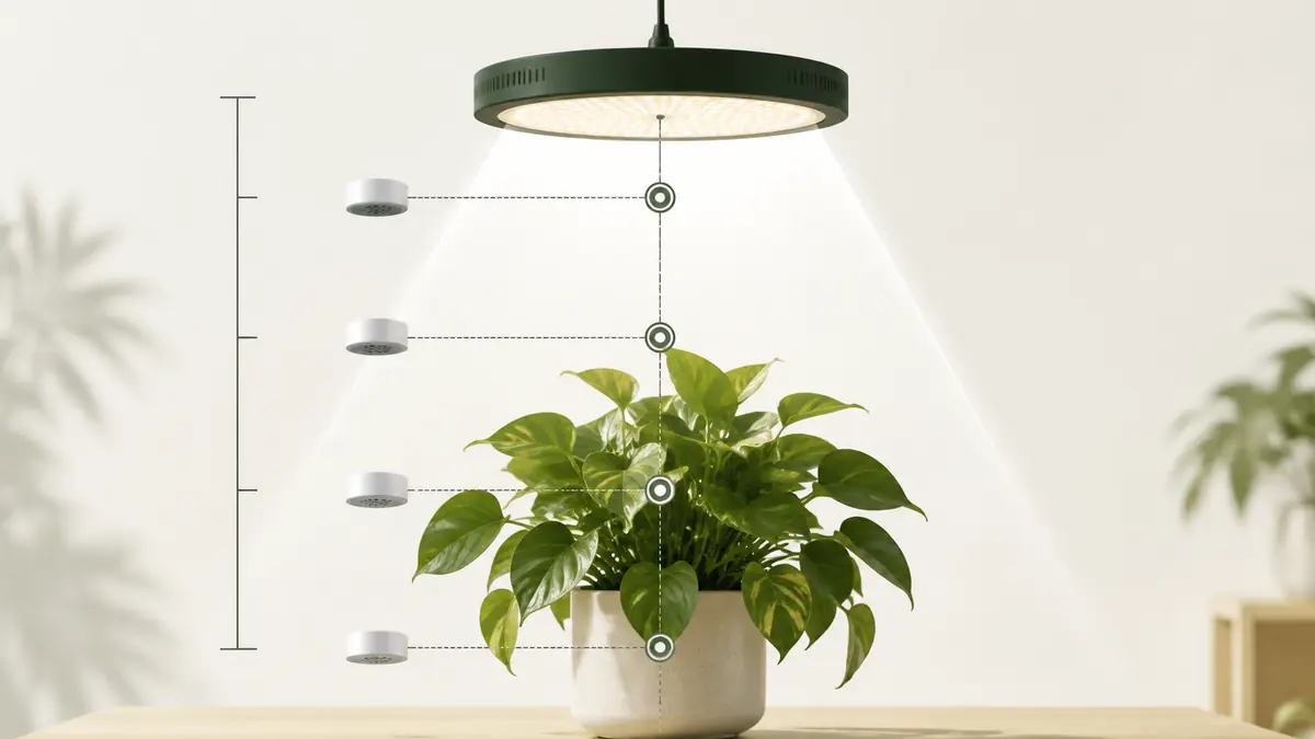 Grow light above a houseplant with distance markers and PPFD measurements at leaf level