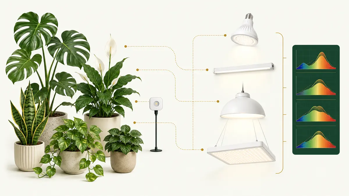 Houseplants matched to several grow-light fixtures using PPFD curves and distance ranges