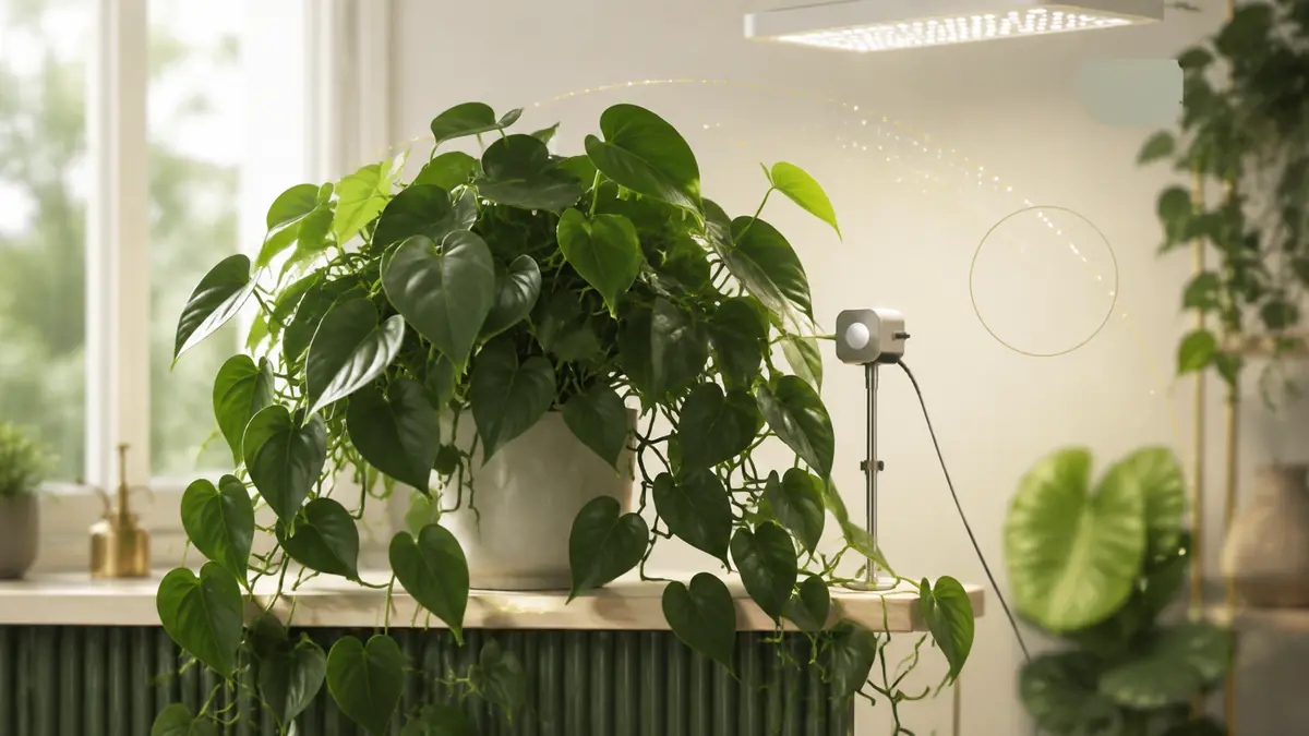Heartleaf Philodendron houseplant in an indoor light-measurement setting with PPFD meter and grow-light context