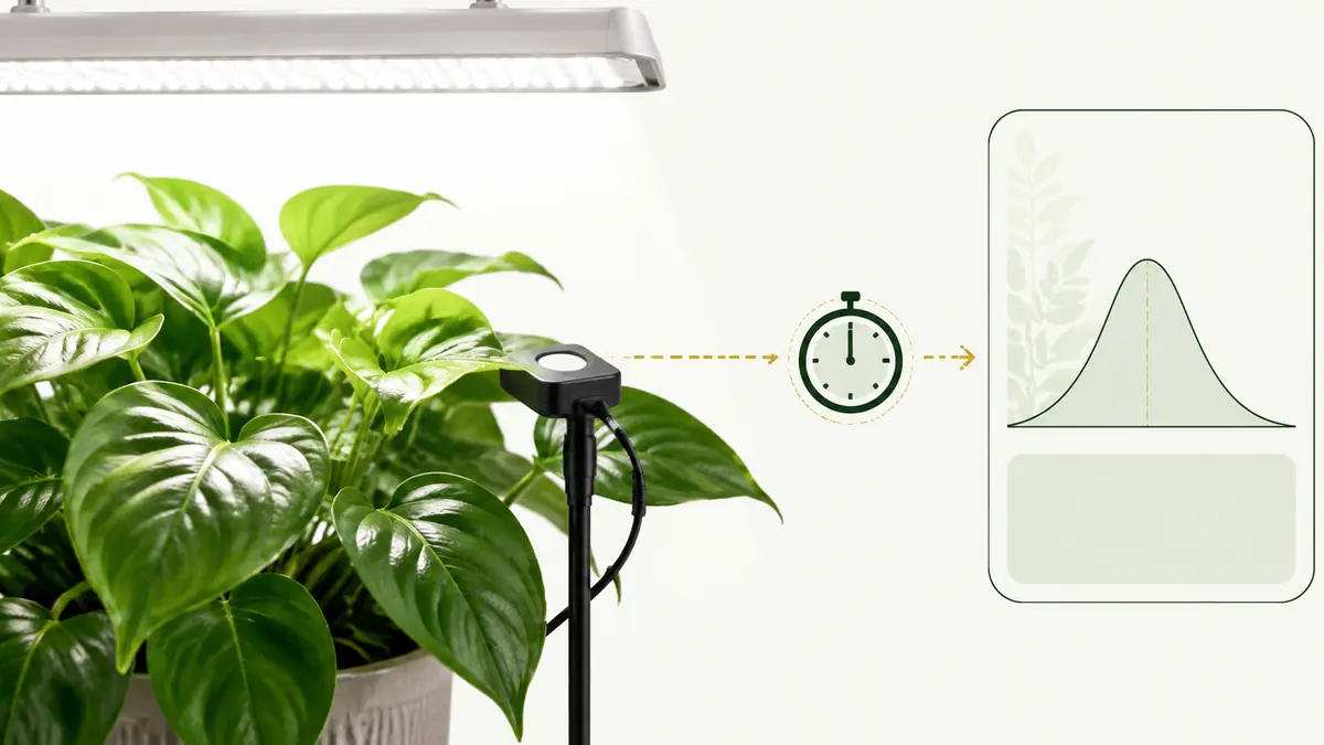 Houseplant leaf beside a PPFD meter and calculator interface used to check plant light