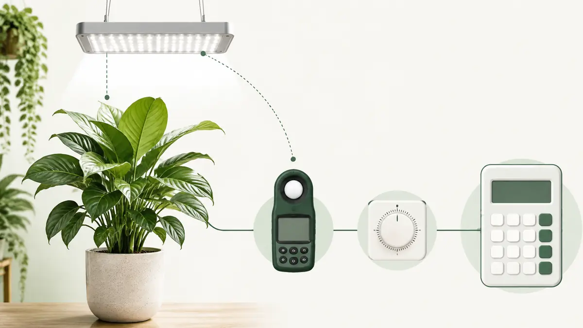 Houseplant light calculator interface beside a plant, PPFD meter and grow light