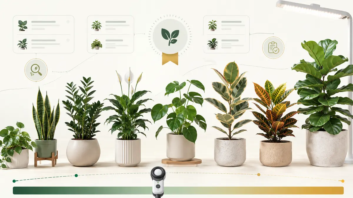 Collection of houseplants arranged by measured light level with a PPFD meter and evidence labels