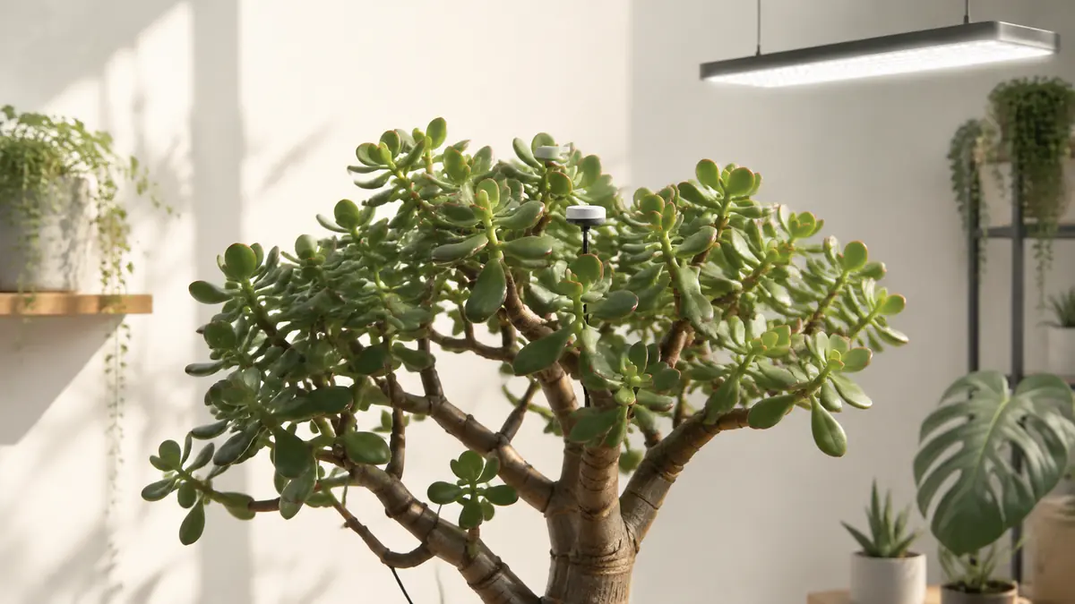 Jade Plant houseplant in an indoor light-measurement setting with PPFD meter and grow-light context