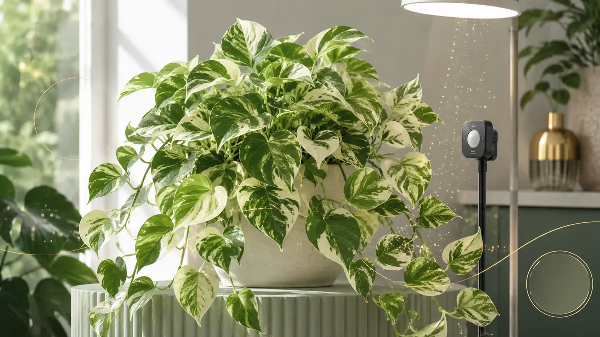 Manjula Pothos houseplant in an indoor light-measurement setting with PPFD meter and grow-light context