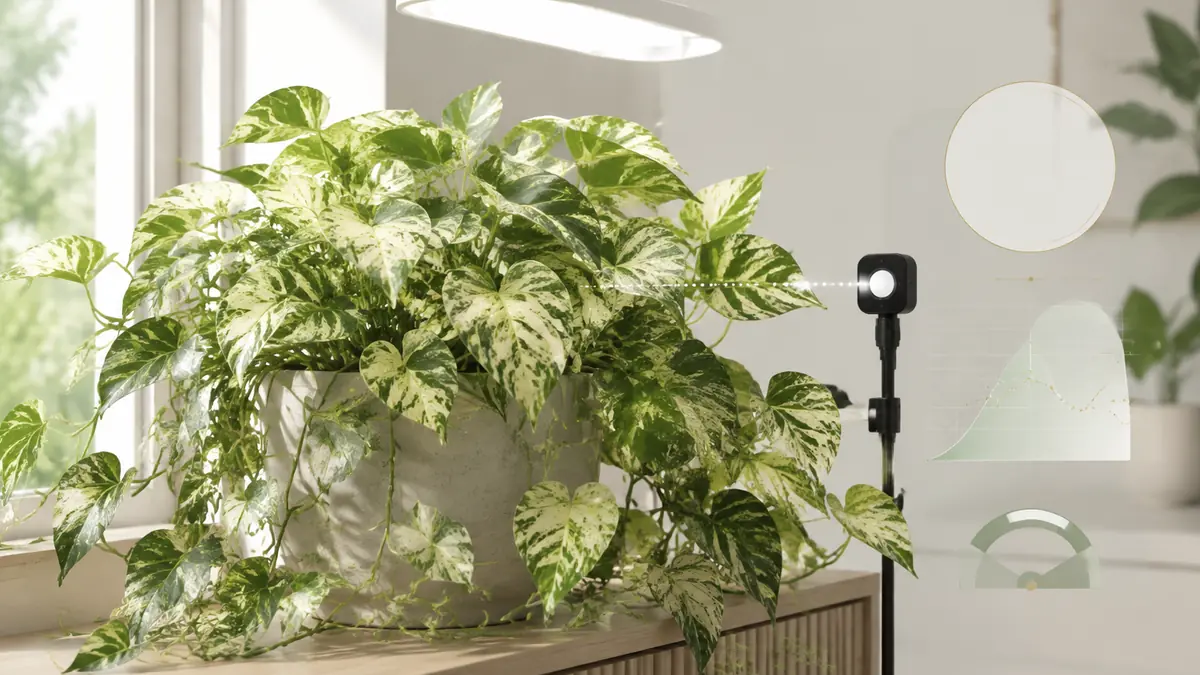 Marble Queen Pothos houseplant in an indoor light-measurement setting with PPFD meter and grow-light context