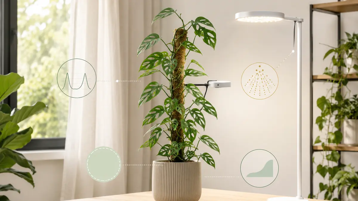 Monstera Adansonii houseplant in an indoor light-measurement setting with PPFD meter and grow-light context