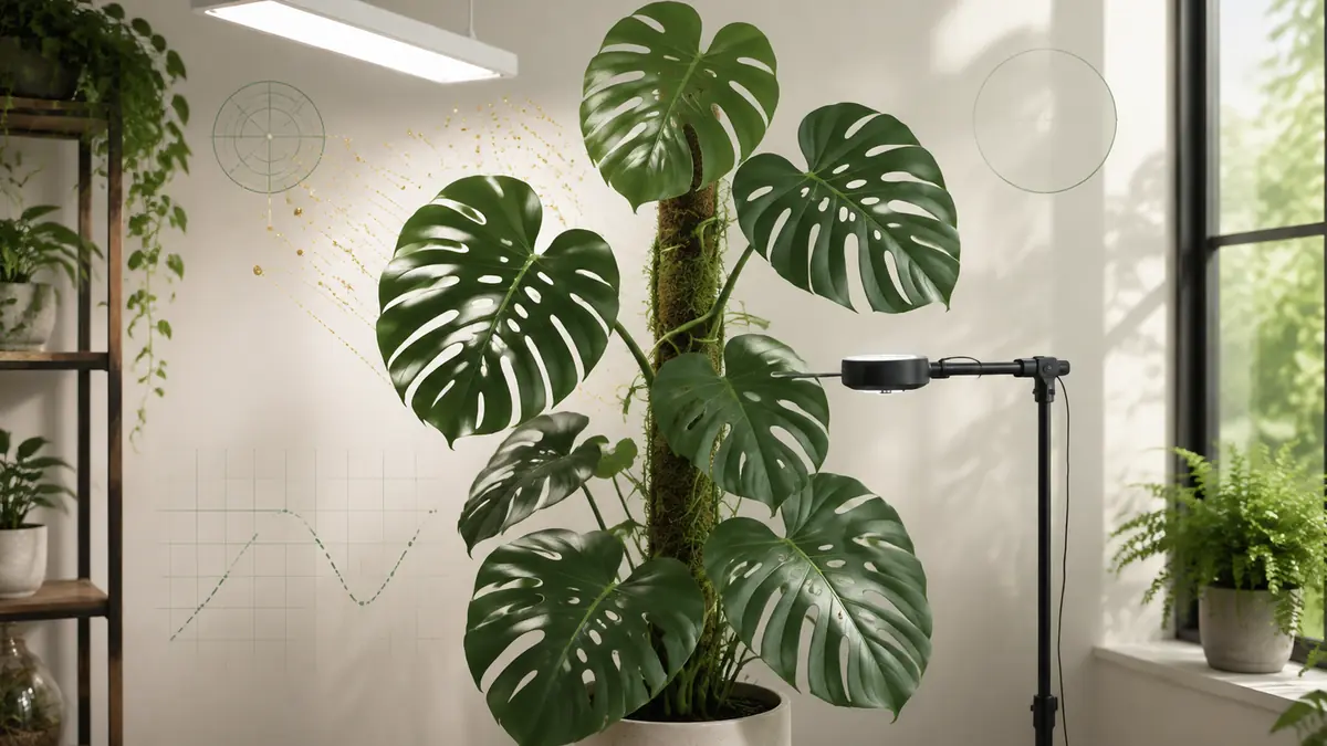 Monstera Deliciosa houseplant in an indoor light-measurement setting with PPFD meter and grow-light context