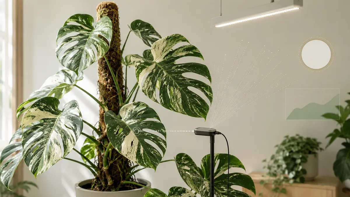 Monstera Thai Constellation houseplant in an indoor light-measurement setting with PPFD meter and grow-light context