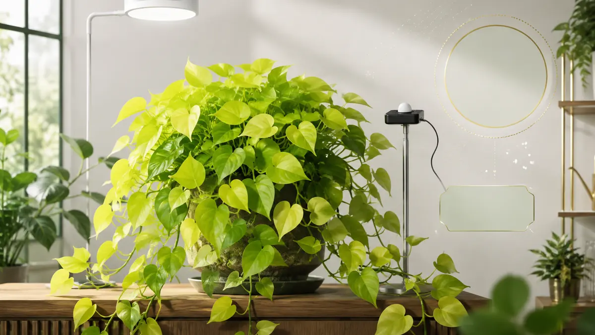 Neon Pothos houseplant in an indoor light-measurement setting with PPFD meter and grow-light context