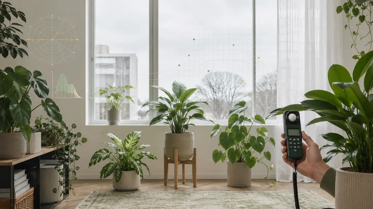 Houseplants arranged near a north-facing window showing distance, filtered light and PPFD measurement