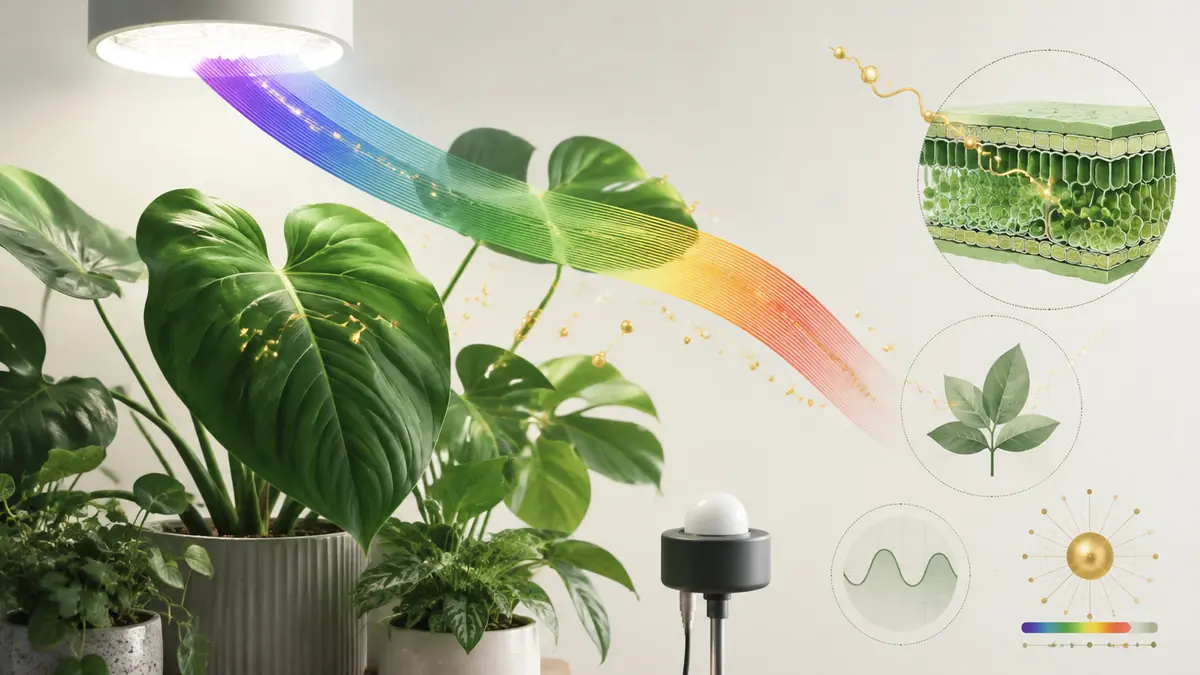 Visible plant-light spectrum illuminating houseplant leaves with PAR, PPF and PPFD concepts