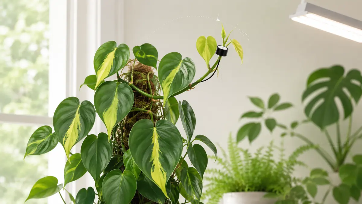 Philodendron Brasil houseplant in an indoor light-measurement setting with PPFD meter and grow-light context