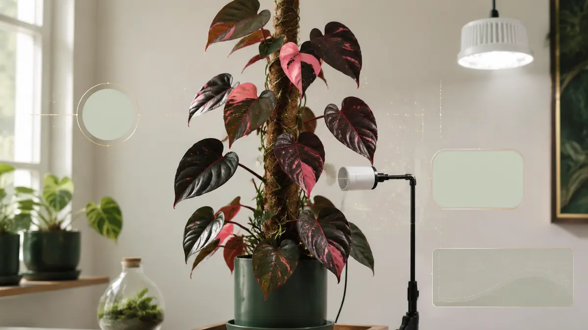 Pink Princess Philodendron houseplant in an indoor light-measurement setting with PPFD meter and grow-light context