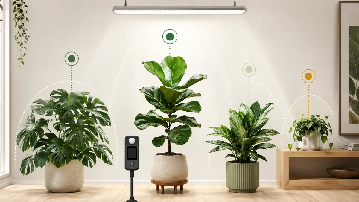 Several houseplants matched to measured PPFD light zones in an indoor room