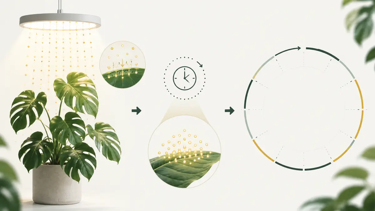 Diagram of PPFD light intensity multiplied by daily hours to calculate DLI for a houseplant