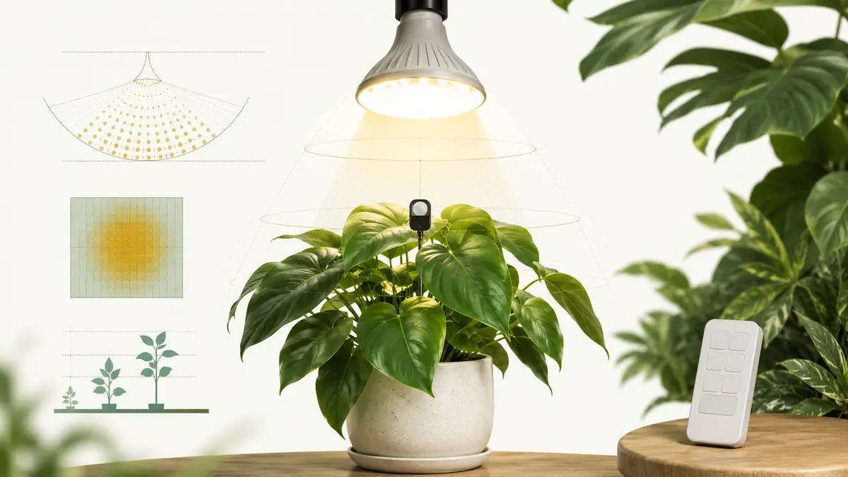 Technical editorial illustration of a bulb grow light above houseplants with PPFD measurement markers