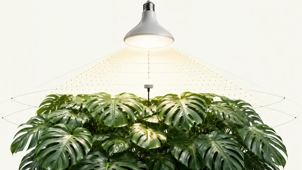 Technical editorial illustration of a bulb grow light above houseplants with PPFD measurement markers