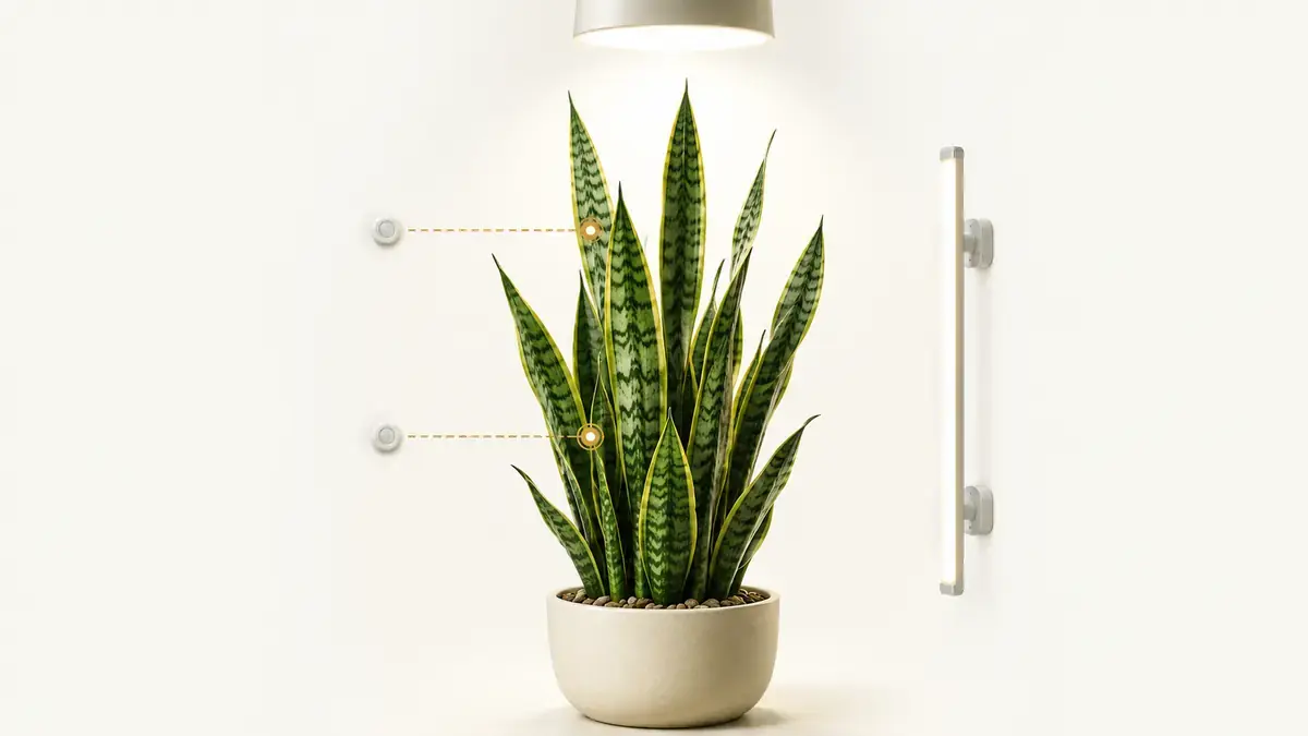 Snake Plant houseplant in an indoor light-measurement setting with PPFD meter and grow-light context