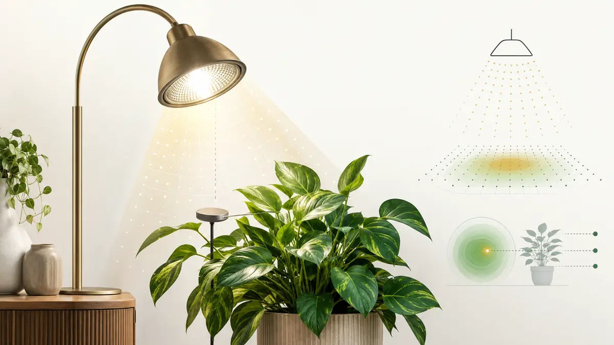 Technical editorial illustration of a bulb grow light above houseplants with PPFD measurement markers