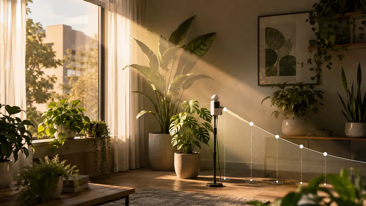 Houseplants arranged near a west-facing window showing distance, filtered light and PPFD measurement