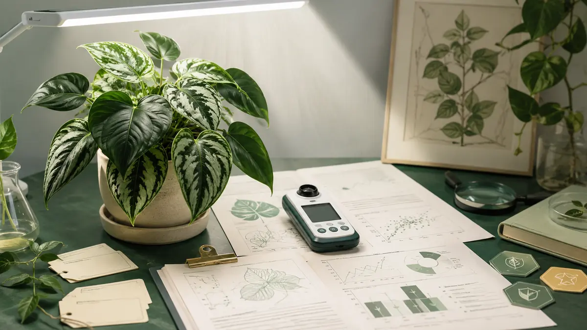 Botanical research notes, PPFD meter and houseplant illustrating the PlantLightIndex evidence method