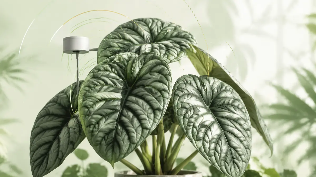 Alocasia Dragon Scale houseplant in an indoor light-measurement setting with PPFD meter and grow-light context