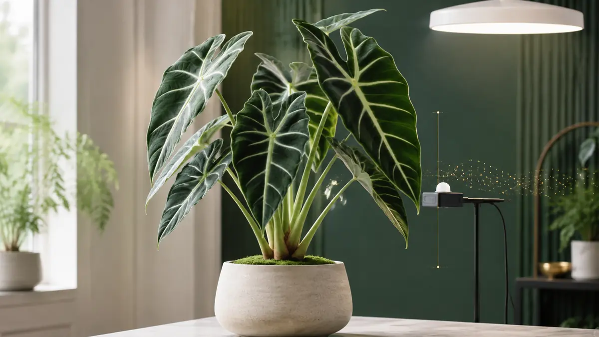 Alocasia Frydek houseplant in an indoor light-measurement setting with PPFD meter and grow-light context