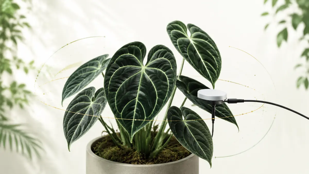 Anthurium Clarinervium houseplant in an indoor light-measurement setting with PPFD meter and grow-light context
