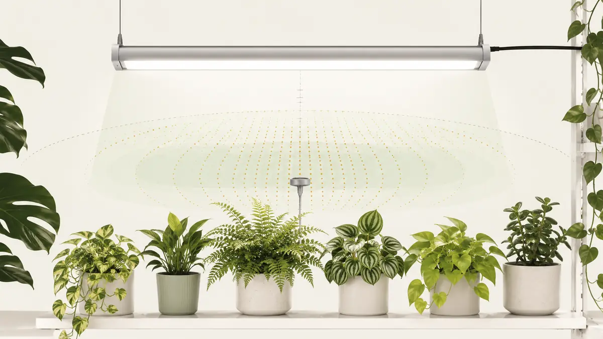 Technical editorial illustration of a bar grow light above houseplants with PPFD measurement markers