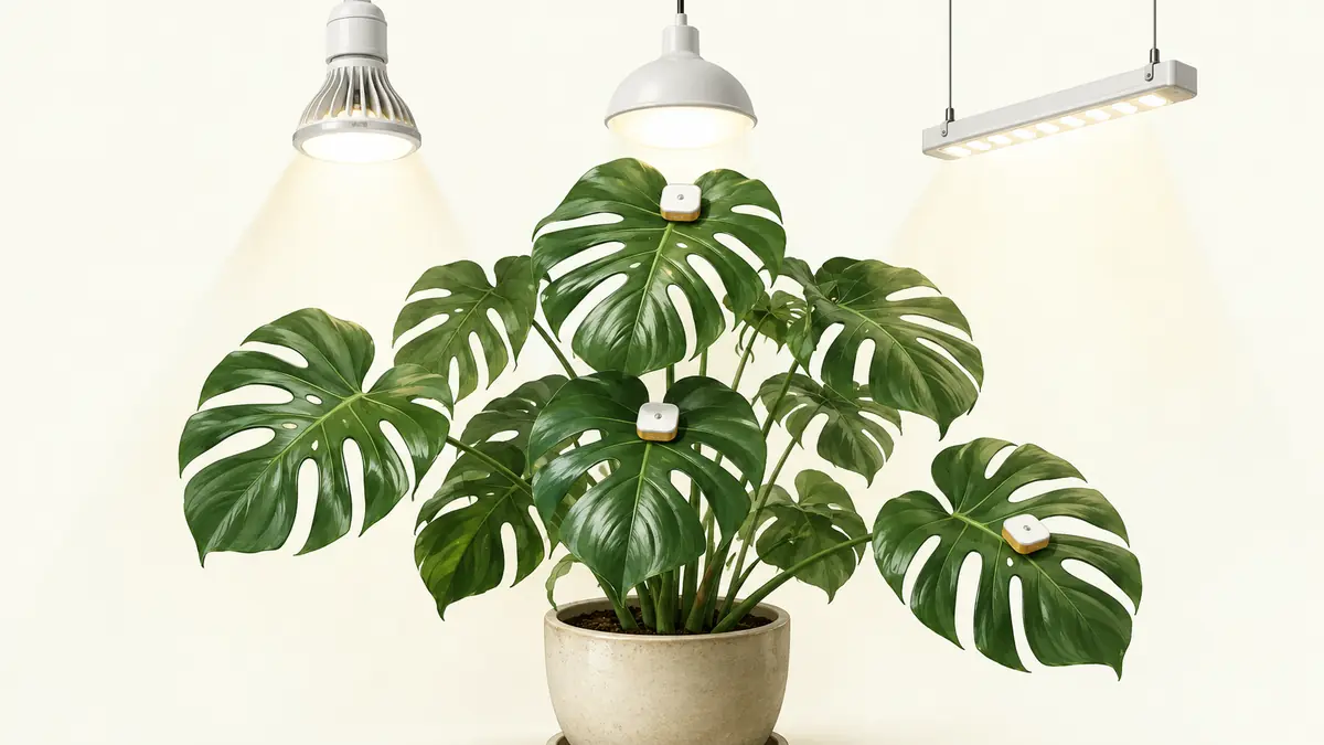 Large Monstera under several white LED grow-light formats with PPFD measurement markers at leaf height