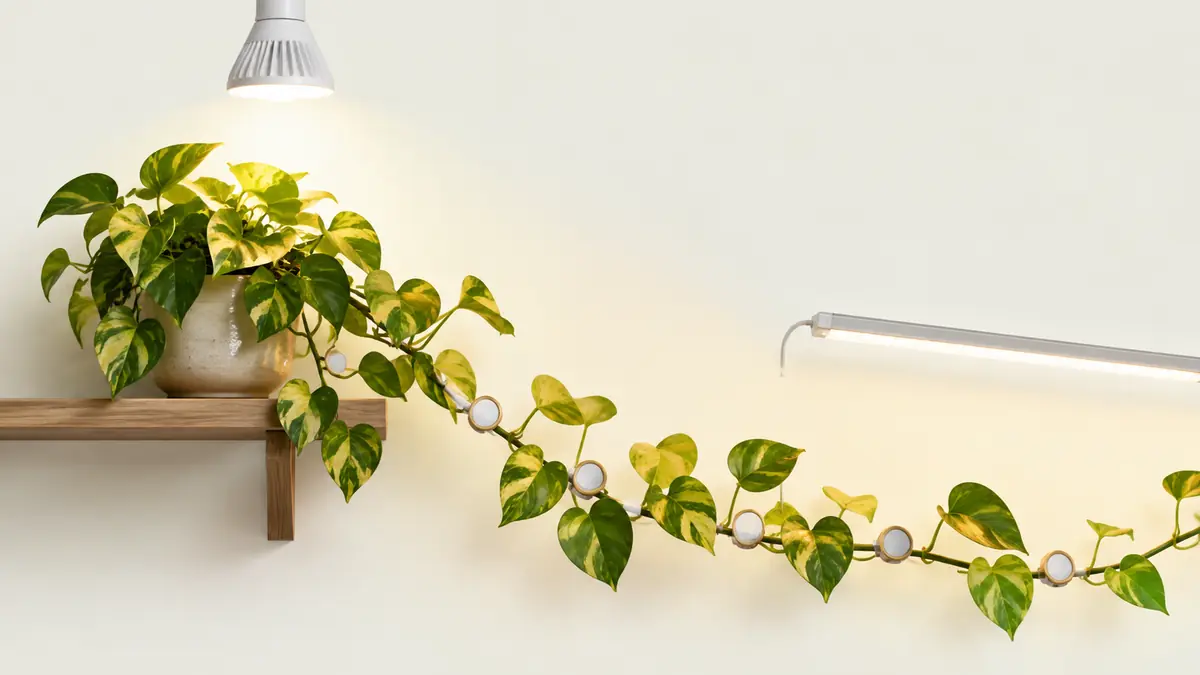 Golden Pothos vines under compact grow-light bulbs and a bar light with leaf-level PPFD measurement markers