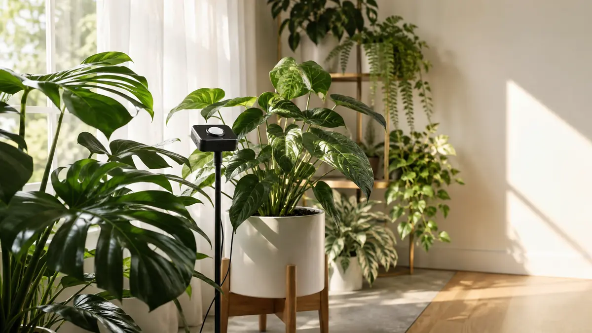 Houseplants near a bright window outside direct sunbeams with a PPFD meter at leaf level