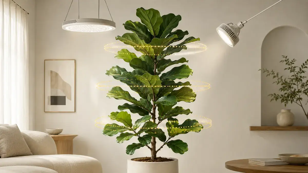 Fiddle Leaf Fig houseplant in an indoor light-measurement setting with PPFD meter and grow-light context
