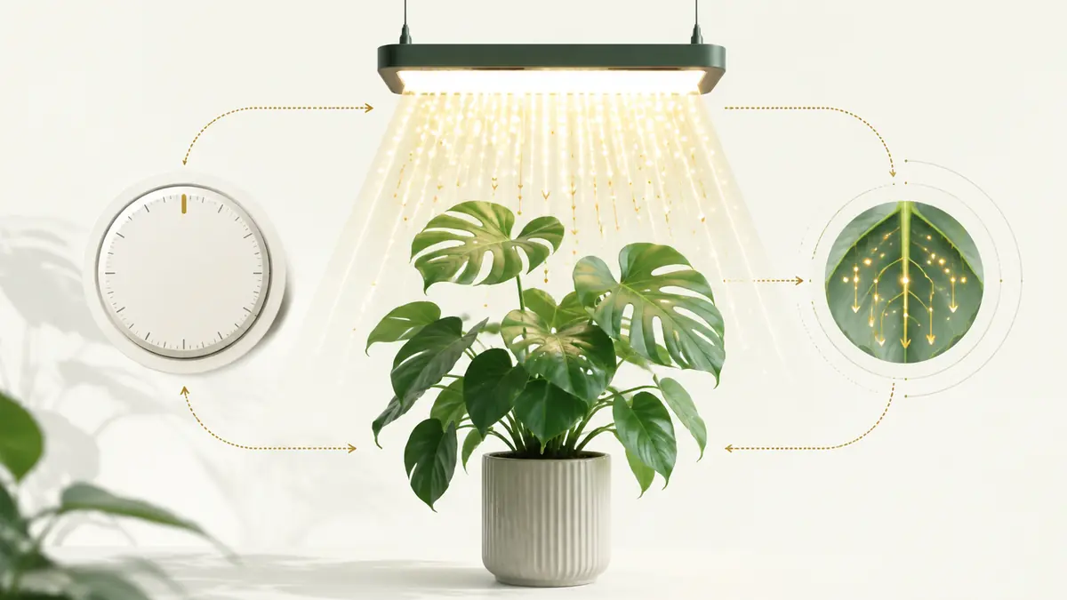 Houseplant under a timed grow light showing PPFD intensity and daily light hours