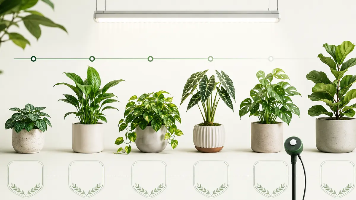 Houseplant PPFD reference chart with measured light levels, evidence labels and plant silhouettes