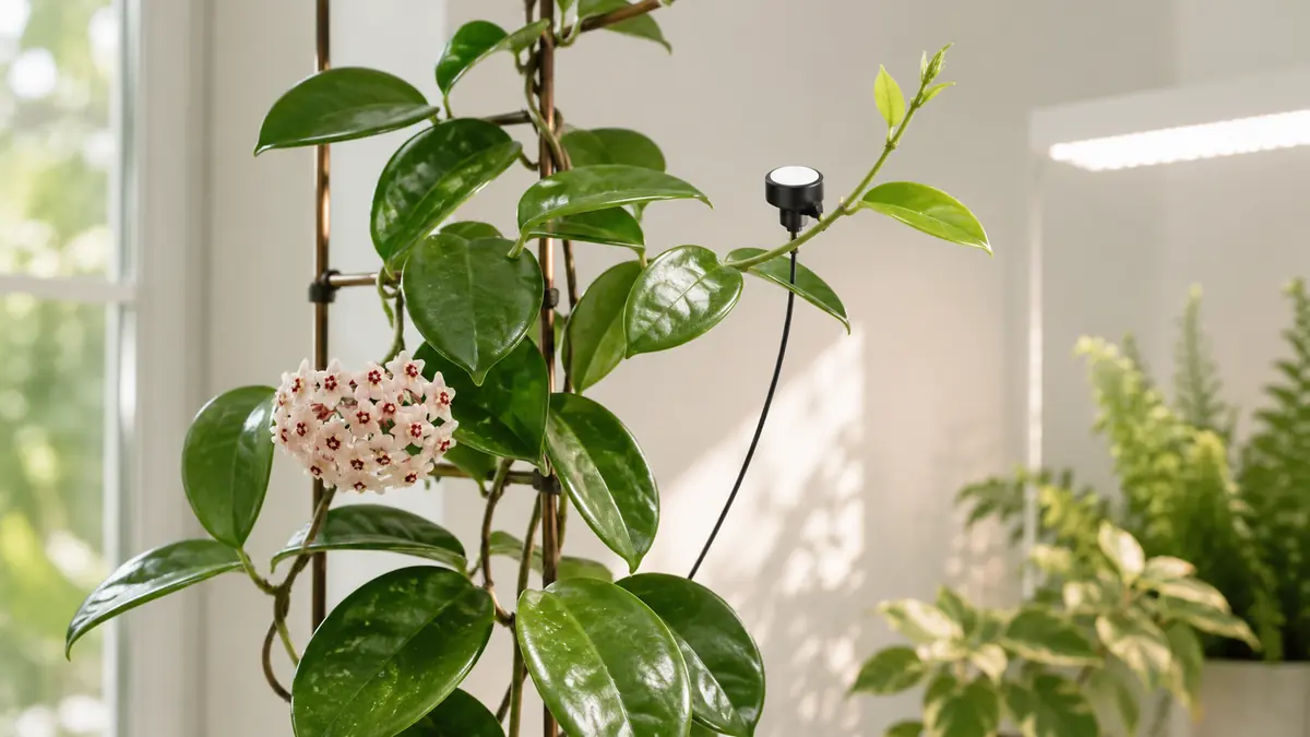 Hoya Carnosa houseplant in an indoor light-measurement setting with PPFD meter and grow-light context