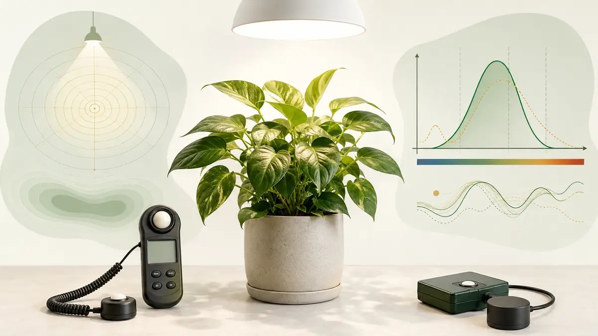 Lux meter and PPFD quantum sensor measuring the same houseplant light source