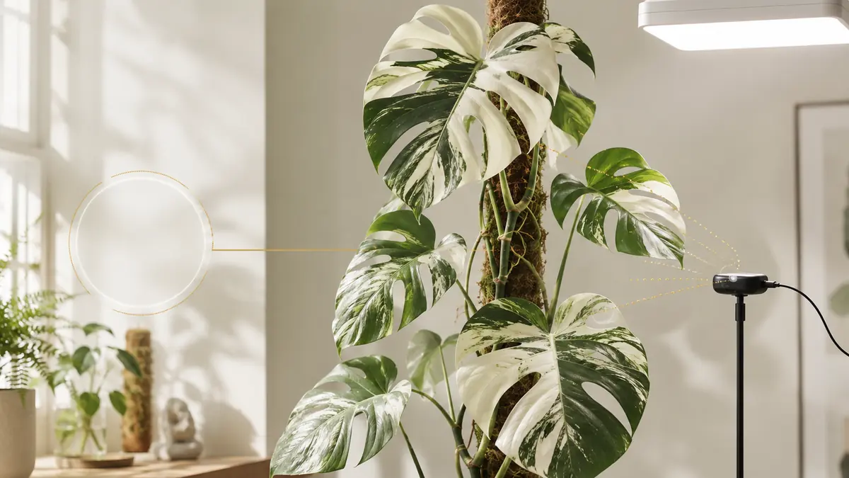 Monstera Albo houseplant in an indoor light-measurement setting with PPFD meter and grow-light context