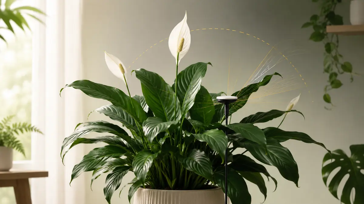 Peace Lily houseplant in an indoor light-measurement setting with PPFD meter and grow-light context