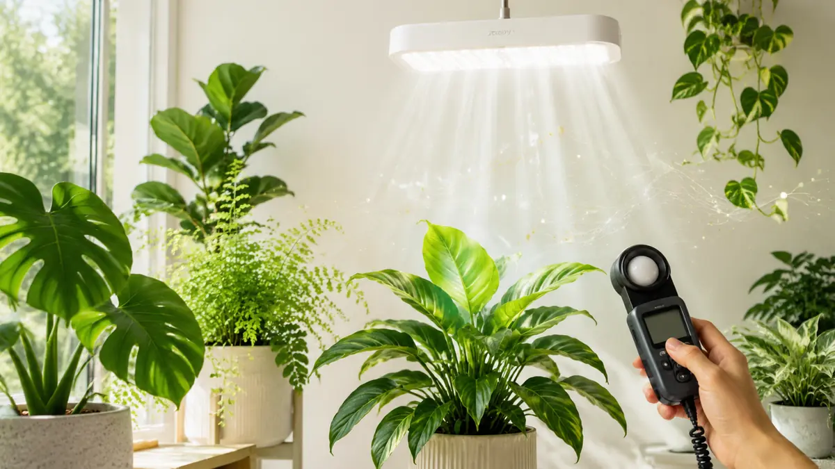 Houseplants beside a window and grow light with a PPFD meter illustrating measurable indoor plant light