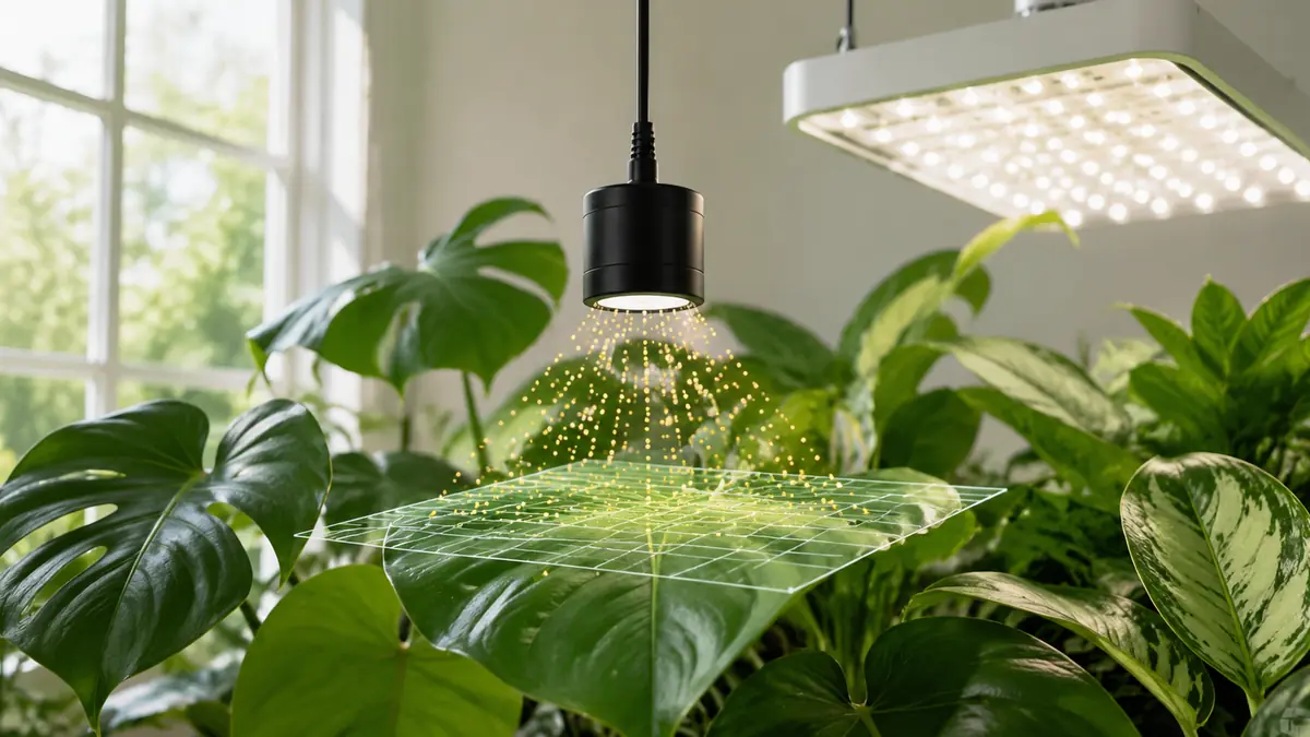 PPFD meter measuring photosynthetic photon flux at the leaves of houseplants under natural and grow light
